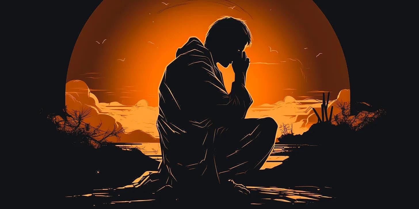 Illustration of man kneeling in prayer - repentance